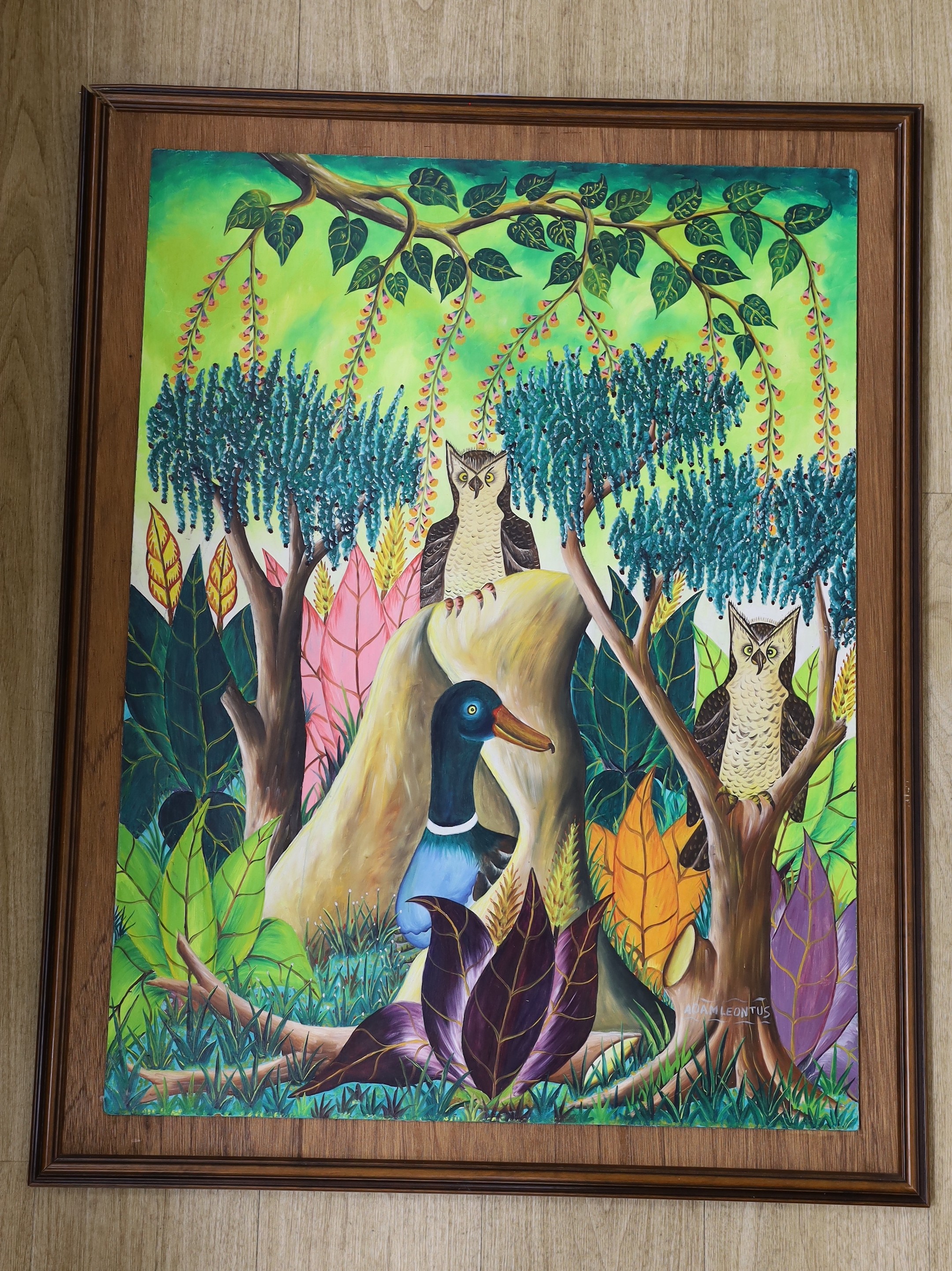 Adam Leontus (Haitian, 1928-1986), oil on board, Duck and owls in woodland, signed, 81 x 61cm